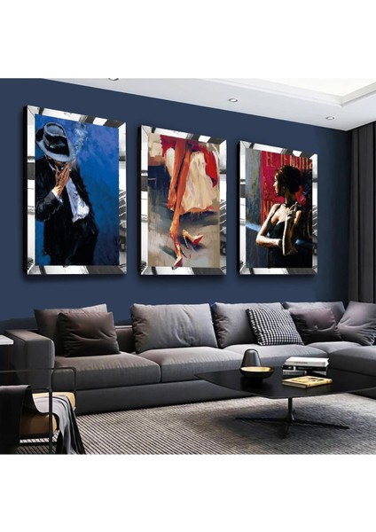 Şapkalı Adam Kolaj Çizim Gold Pleksi Kenar 3'lü Mdf Tablo Seti