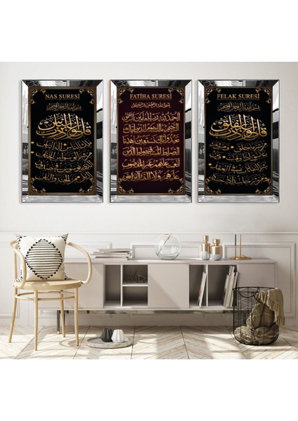 Fatiha, Nas, Felak Suresi Dini Gümüş Pleksi Kenar 3'lü Mdf Tablo Seti modelleri