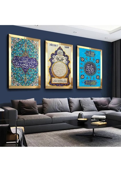 Hilye-I Şerif Dini Gold Pleksi Kenar 3'lü Mdf Tablo Seti