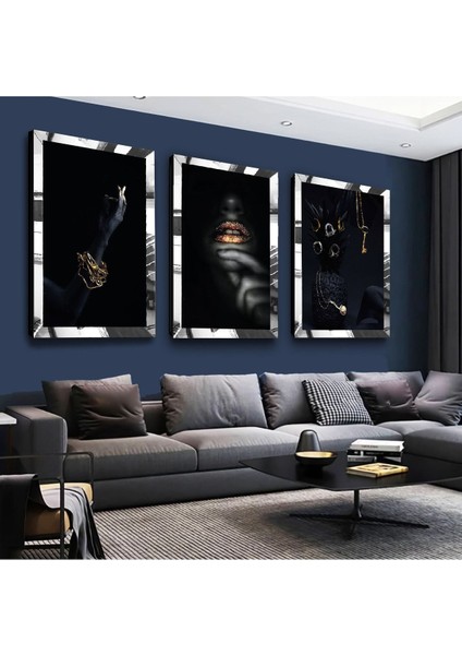 Siyahi Kadın Gümüş Pleksi Kenar 3'lü Mdf Tablo Seti fiyatları