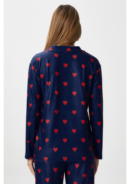 Kadın Nora Premium Lacivert Kalp Desen Süet Doku Düğmeli Yılbaşı Pijama Takımı