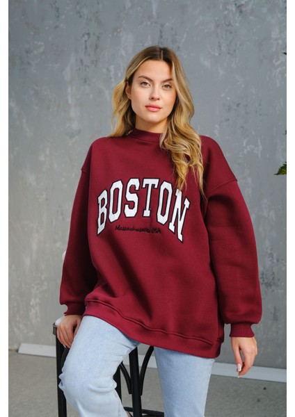 Boston Baskılı Sweat Bordo