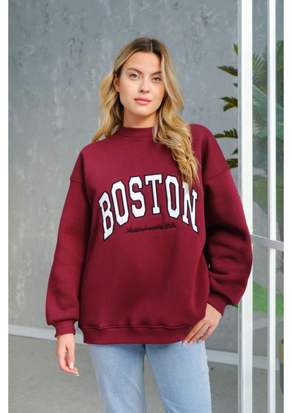 Boston Baskılı Sweat Bordo