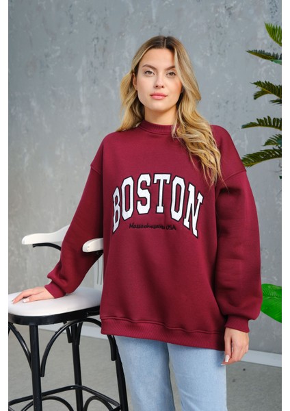 Boston Baskılı Sweat Bordo