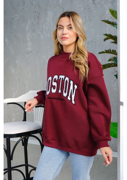 Boston Baskılı Sweat Bordo