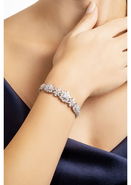 Gelin Çiçeği 18 Ayar Beyaz Altın Kaplama 19 Cm Gümüş Bileklik indirimleri