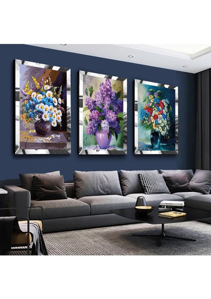 Renkli Vazo Çiçek Gümüş Pleksi Kenar 3'lü Mdf Tablo Seti fiyatları