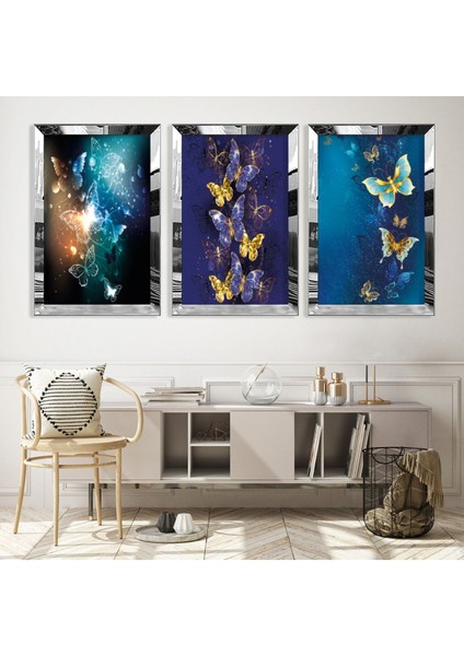 Renkli Kelebekler Gümüş Pleksi Kenar 3'lü Mdf Tablo Seti fiyatları