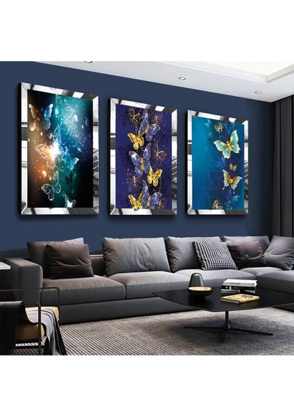 Renkli Kelebekler Gümüş Pleksi Kenar 3'lü Mdf Tablo Seti fırsatları