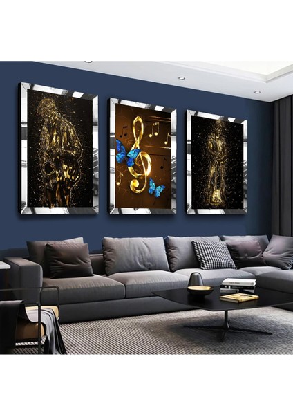 Müzik Modern Gold Pleksi Kenar 3'lü Mdf Tablo Seti