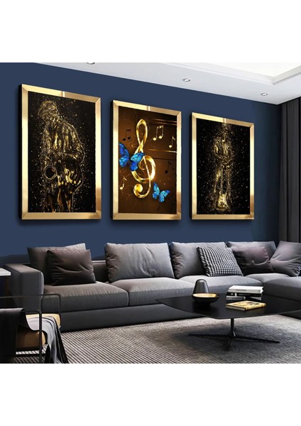 Müzik Modern Gold Pleksi Kenar 3'lü Mdf Tablo Seti fiyatları