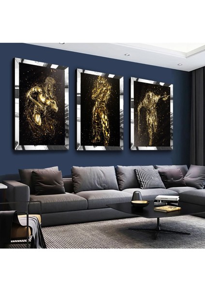 Altın Modern Gümüş Pleksi Kenar 3'lü Mdf Tablo Seti