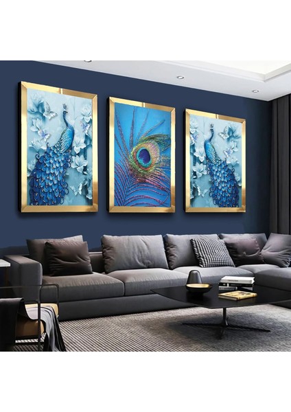 Mavi Tavus Kuşu Gümüş Pleksi Kenar 3'lü Mdf Tablo Seti