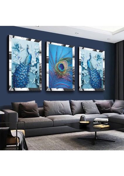 Mavi Tavus Kuşu Gümüş Pleksi Kenar 3'lü Mdf Tablo Seti fiyatları