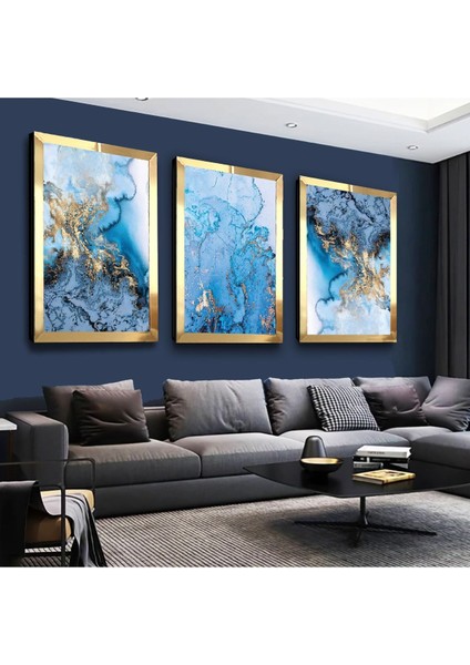 Mavi Dalgalar Modern Gümüş Pleksi Kenar 3'lü Mdf Tablo Seti