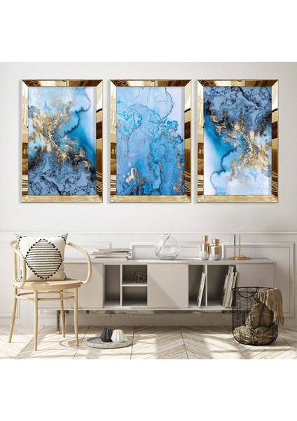 Mavi Dalgalar Modern Gümüş Pleksi Kenar 3'lü Mdf Tablo Seti fiyatları