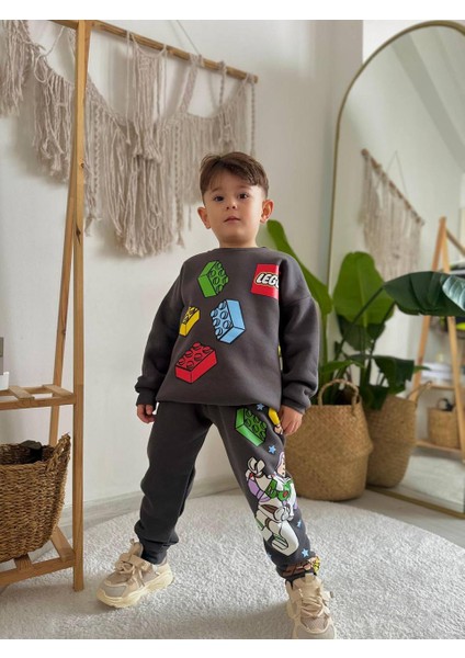 Sacro Kids LEGO Oyuncak Desenli Baskılı Eşofman-Sweatshirt 3 Iplik Şardonlu Kışlık Erkek Çocuk Takım