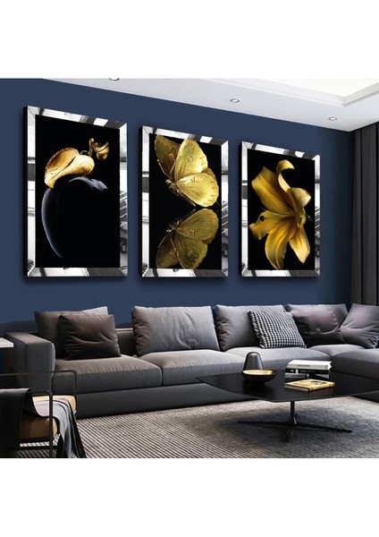 Altın Renk Çiçek Kelebek Modern Gold Pleksi Kenar 3'lü Mdf Tablo Seti fiyatları