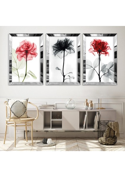 Renkli Gül Çizim Gümüş Pleksi Kenar 3'lü Mdf Tablo Seti fiyatları