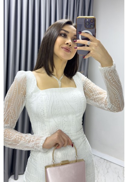 Kadın Kare Yaka Gold Simli Uzun Kol Midi Abiye Elbise Beyaz, İndigo, Pudra, Siyah, Lacivert, Bordo, Gold Zümrüt Yeşil modelleri