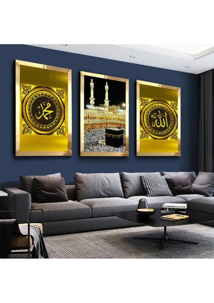 Kabe ve Allah Muhammed Lafzı Dini Gold Pleksi Kenar 3'lü Mdf Tablo Seti