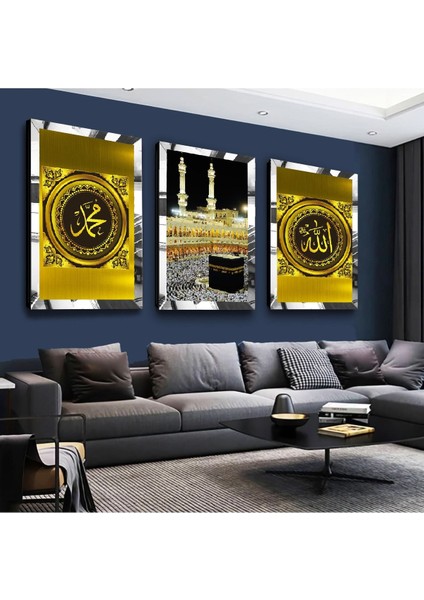 Kabe ve Allah Muhammed Lafzı Dini Gold Pleksi Kenar 3'lü Mdf Tablo Seti fiyatları