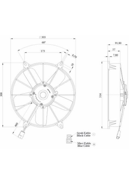 12V Fan Motoru Emici Aksiyel 11 " (Geniş Tip Kalın Motor) (5 Kanat) (Dış Çap 310 Mm)