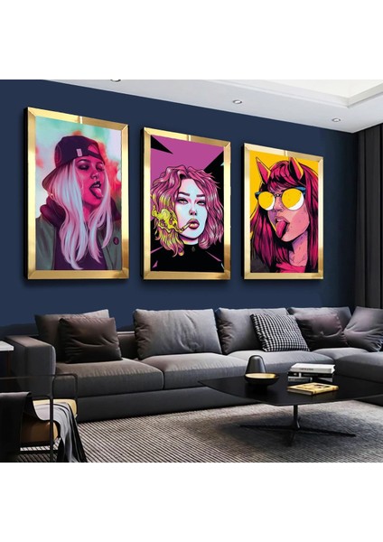 Pembe Çizim Genç Kızlar Gold Pleksi Kenar 3'lü Mdf Tablo Seti