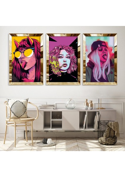 Pembe Çizim Genç Kızlar Gold Pleksi Kenar 3'lü Mdf Tablo Seti fiyatları