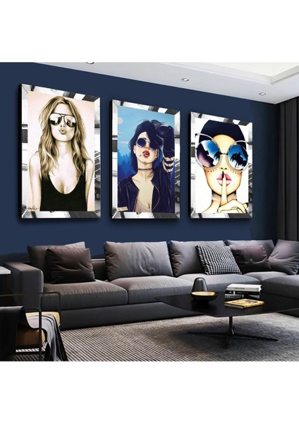 Gözlüklü Kadın Çizim Gold Pleksi Kenar 3'lü Mdf Tablo Seti