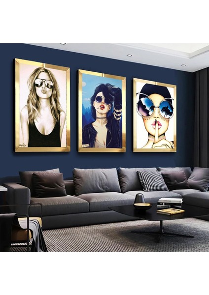 Gözlüklü Kadın Çizim Gold Pleksi Kenar 3'lü Mdf Tablo Seti fiyatları