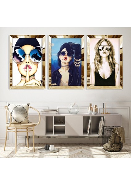 Gözlüklü Kadın Çizim Gold Pleksi Kenar 3'lü Mdf Tablo Seti modelleri