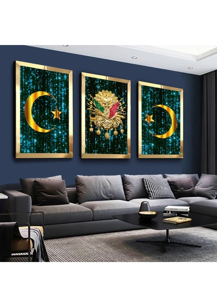 Turkuaz Osmanlı Tuğrası Gümüş Pleksi Kenar 3'lü Mdf Tablo Seti