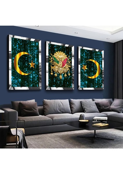 Turkuaz Osmanlı Tuğrası Gümüş Pleksi Kenar 3'lü Mdf Tablo Seti fiyatları