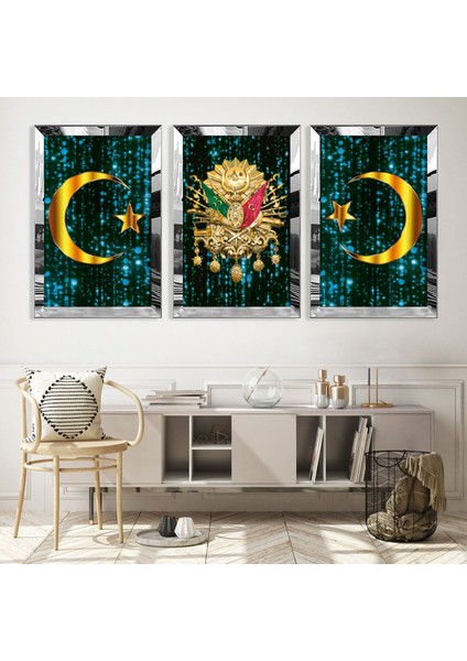 Turkuaz Osmanlı Tuğrası Gümüş Pleksi Kenar 3'lü Mdf Tablo Seti modelleri