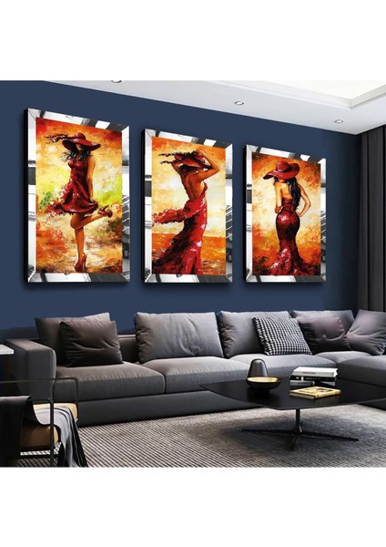 Kolaj Çizim Genç Kadın Gold Pleksi Kenar 3'lü Mdf Tablo Seti