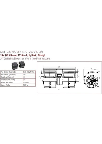 24V Kalorifer Motoru (Blower) (325*148) (3 Devir)