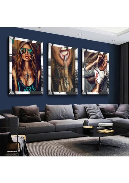 Kolaj Çizim Cesur Kadın Poz Gold Pleksi Kenar 3'lü Mdf Tablo Seti