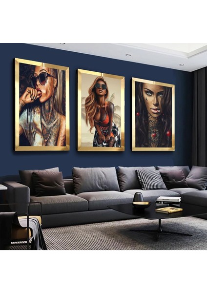 Kolaj Çizim Cesur Kadın Poz Gold Pleksi Kenar 3'lü Mdf Tablo Seti fiyatları