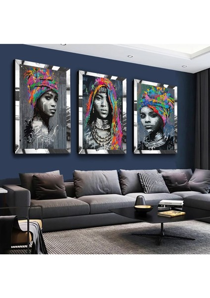 Afrikalı Genç Kızlar Gümüş Pleksi Kenar 3'lü Mdf Tablo Seti
