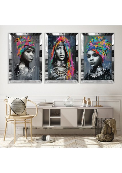 Afrikalı Genç Kızlar Gümüş Pleksi Kenar 3'lü Mdf Tablo Seti fiyatları