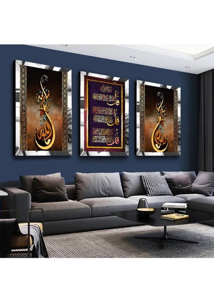 Dini Ayet Gold Pleksi Kenar 3'lü Mdf Tablo Seti