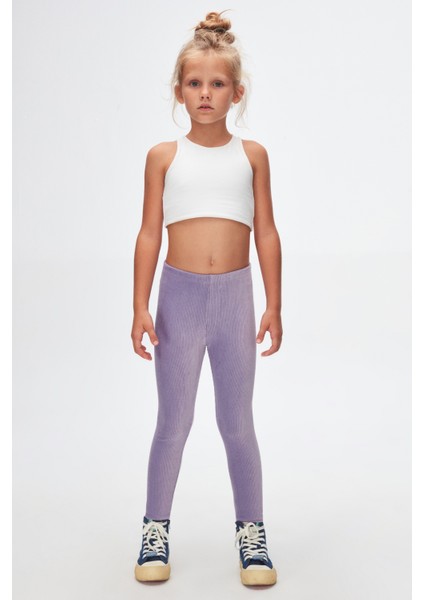 Açık Lila Kız Çocuk Fitilli Kadife Tayt