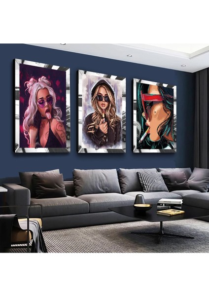 Modern Kızlar Gümüş Pleksi Kenar 3'lü Mdf Tablo Seti