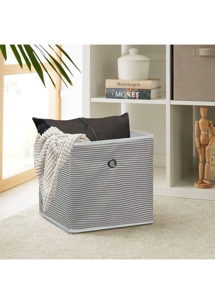 Kumaş Gri Çizgili Raf Düzenleyici Sepet Organizer 2 Adet 30X30X30CM