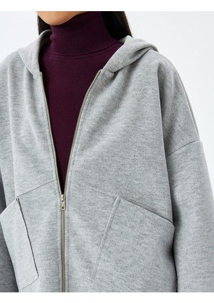 Kapüşonlu Fermuarlı Dikiş Detaylı Oversize Hırka