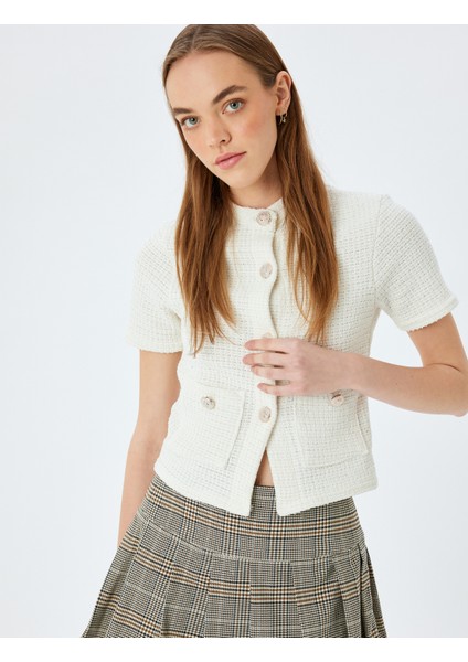 Düğme Detaylı Cepli Bisiklet Yaka Kısa Kollu Triko Hırka fiyatları