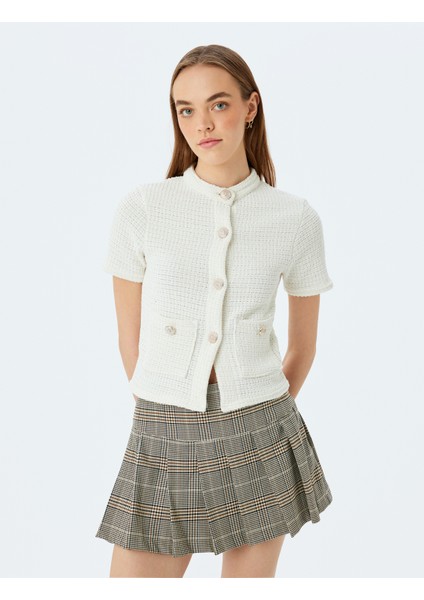 Düğme Detaylı Cepli Bisiklet Yaka Kısa Kollu Triko Hırka modelleri