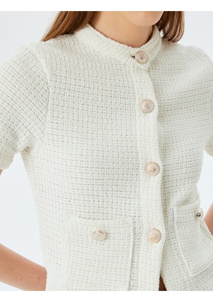 Düğme Detaylı Cepli Bisiklet Yaka Kısa Kollu Triko Hırka indirimleri