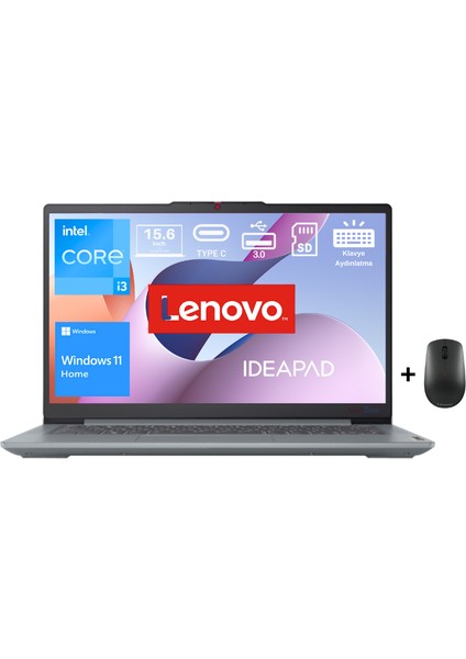 Ideapad Slim 3 Intel Core I3 N305 8gb 512GB SSD 15.6" Fhd WIN11 Dizüstü Bilgisayar 82XB00B4TX - Lenovo Mouse WZ04